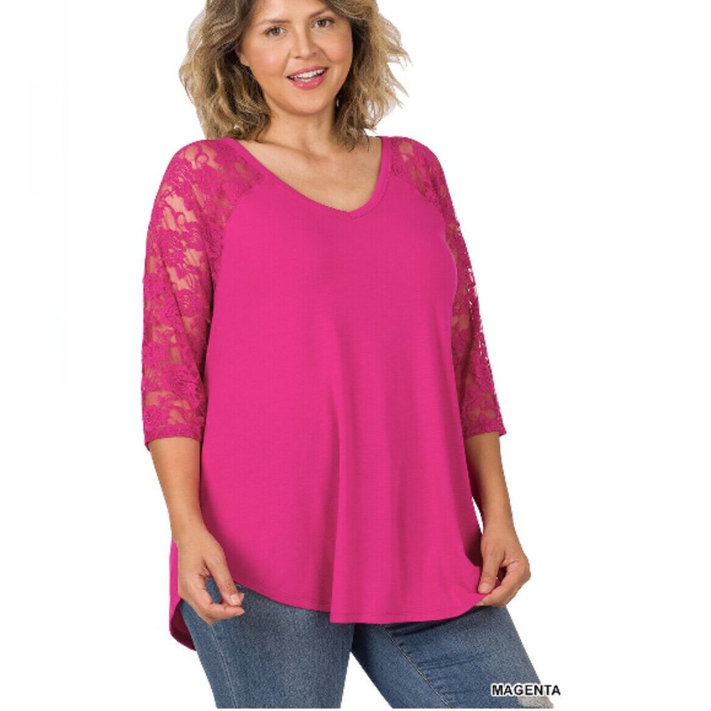 Zenana Women's V-Neck Lace 3/4 Sleeve Round Hem Blouse Top Tunic S-3X Magenta